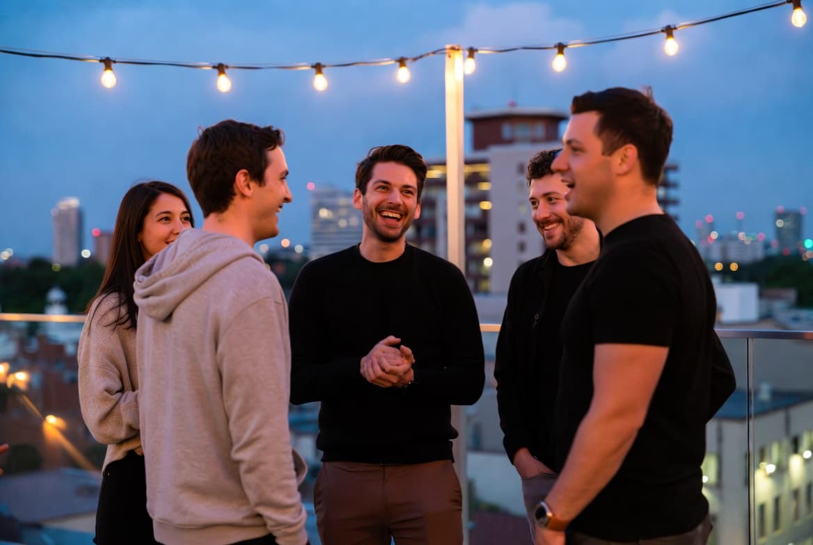 A small cohort of members talking on a rooftop at dusk under string lights